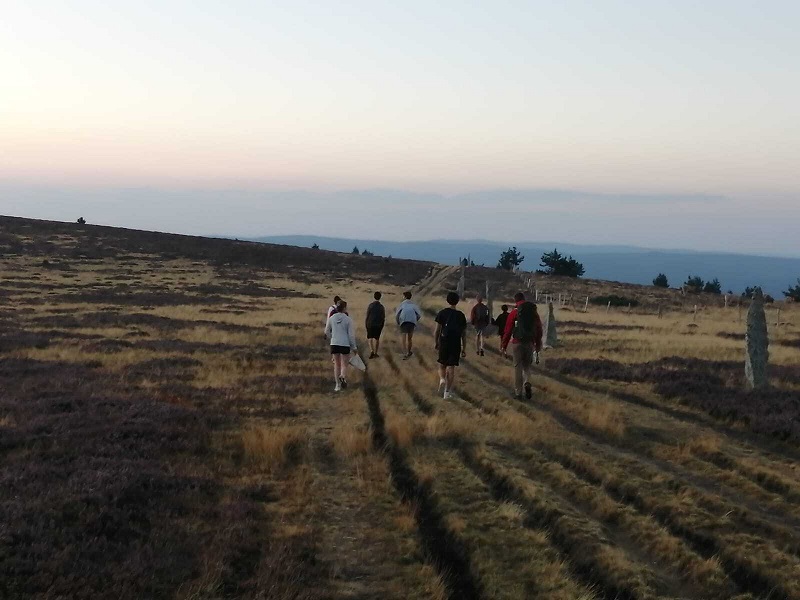 Eine Gruppe junger Menschen wandert über ein Feld